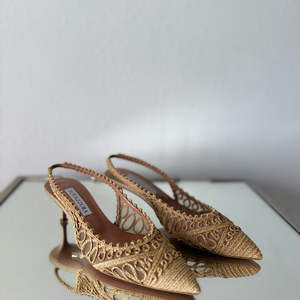 New AQUAZZURA Beige Raffia Kahlo Slingback Pumps 50 $950 - Picture 7 of 14